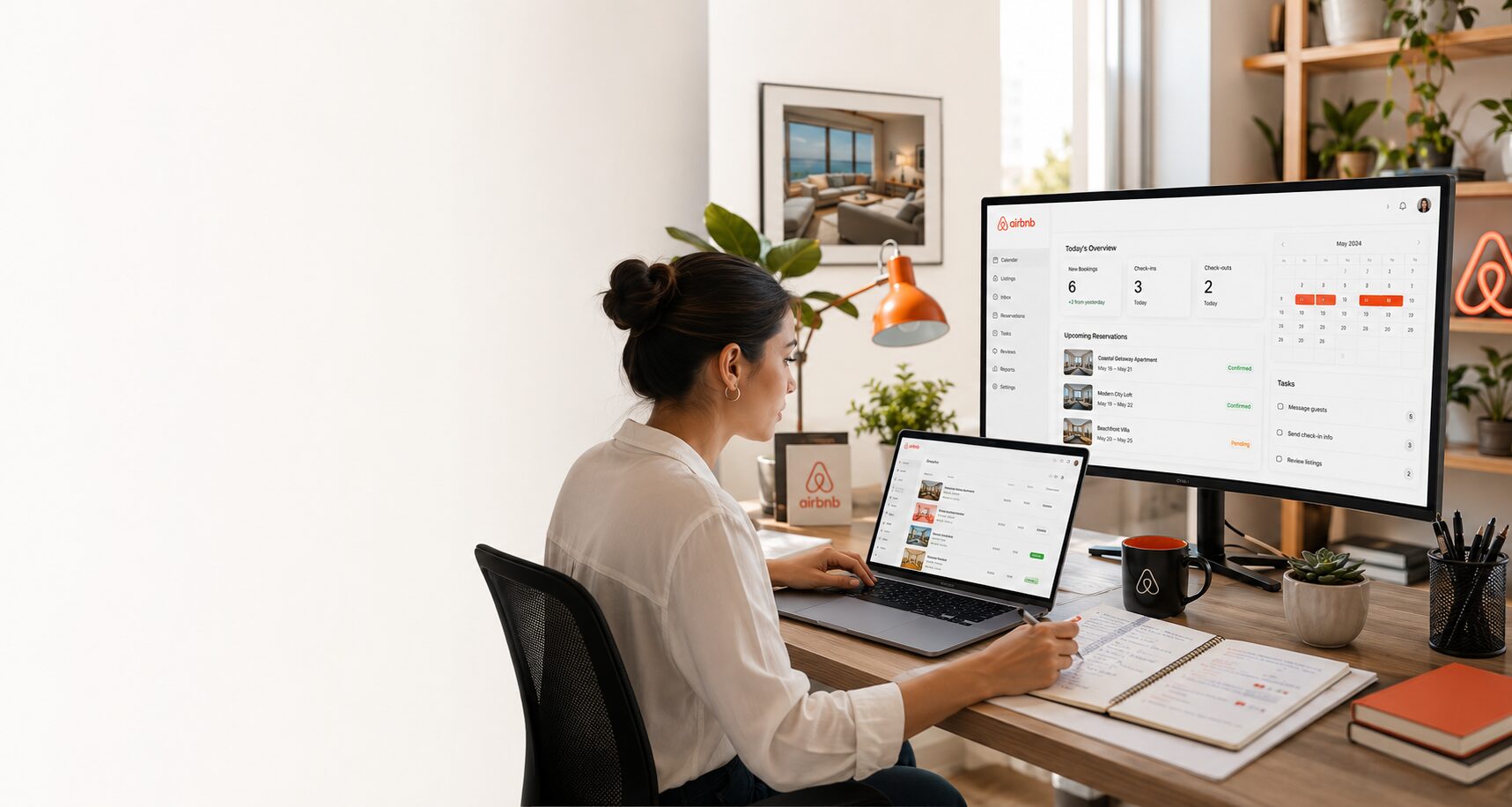 A virtual assistant at a home-office desk managing Airbnb bookings on a laptop and a desktop monitor showing a host dashboard