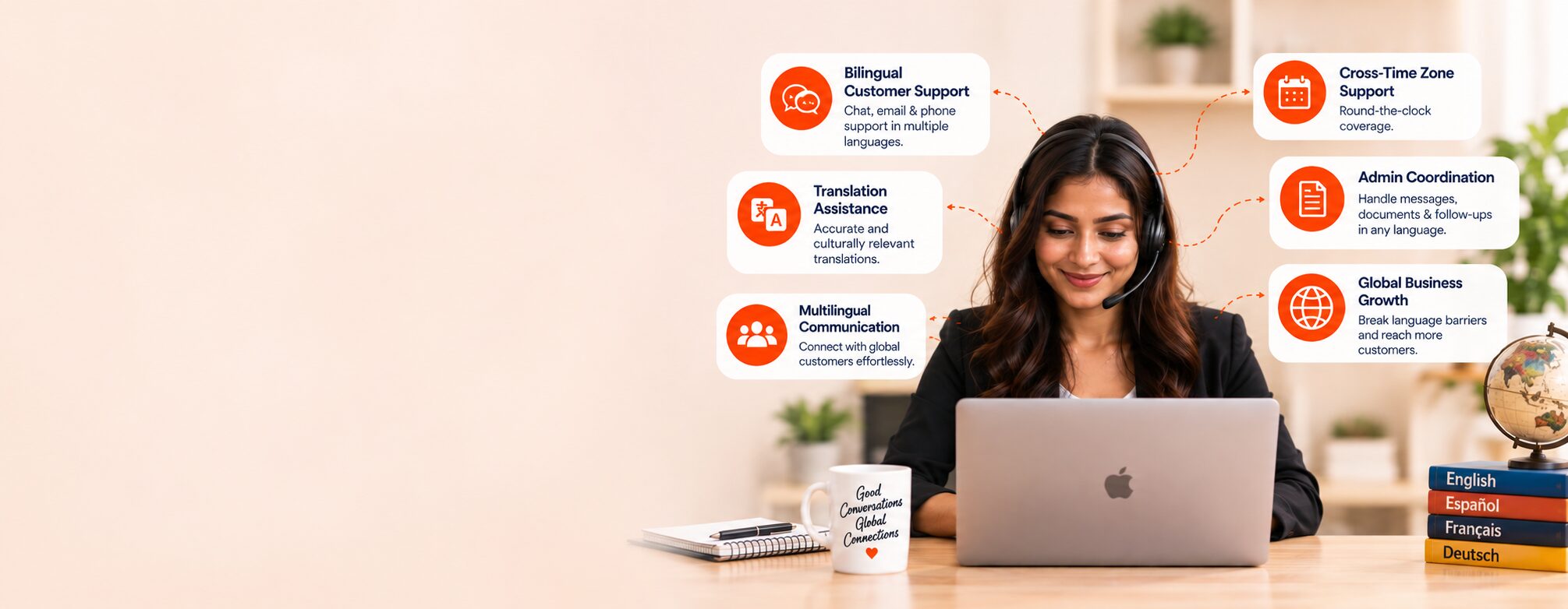Bilingual virtual assistant wearing a headset at a laptop, with language support cards around her
