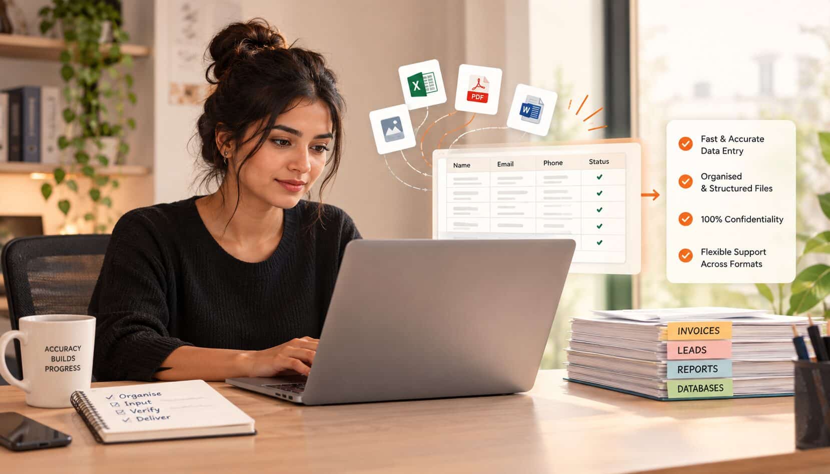 Data entry virtual assistant at a laptop beside stacked invoice, lead and report files