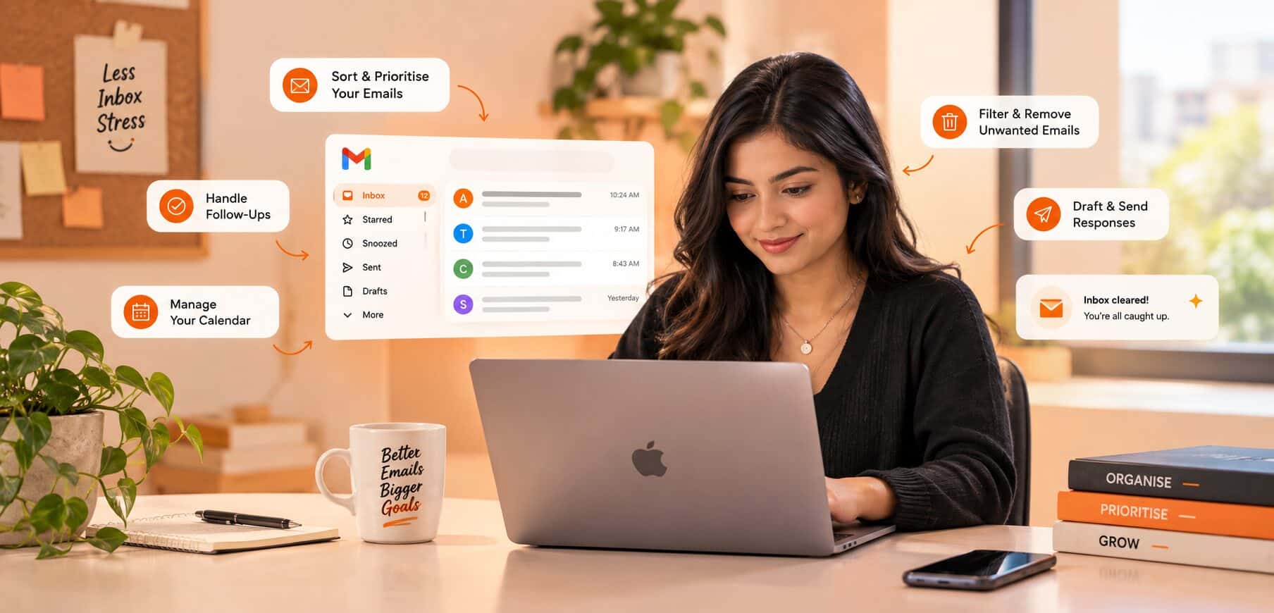 Email management virtual assistant at a laptop with an inbox on screen and sorting cards around her