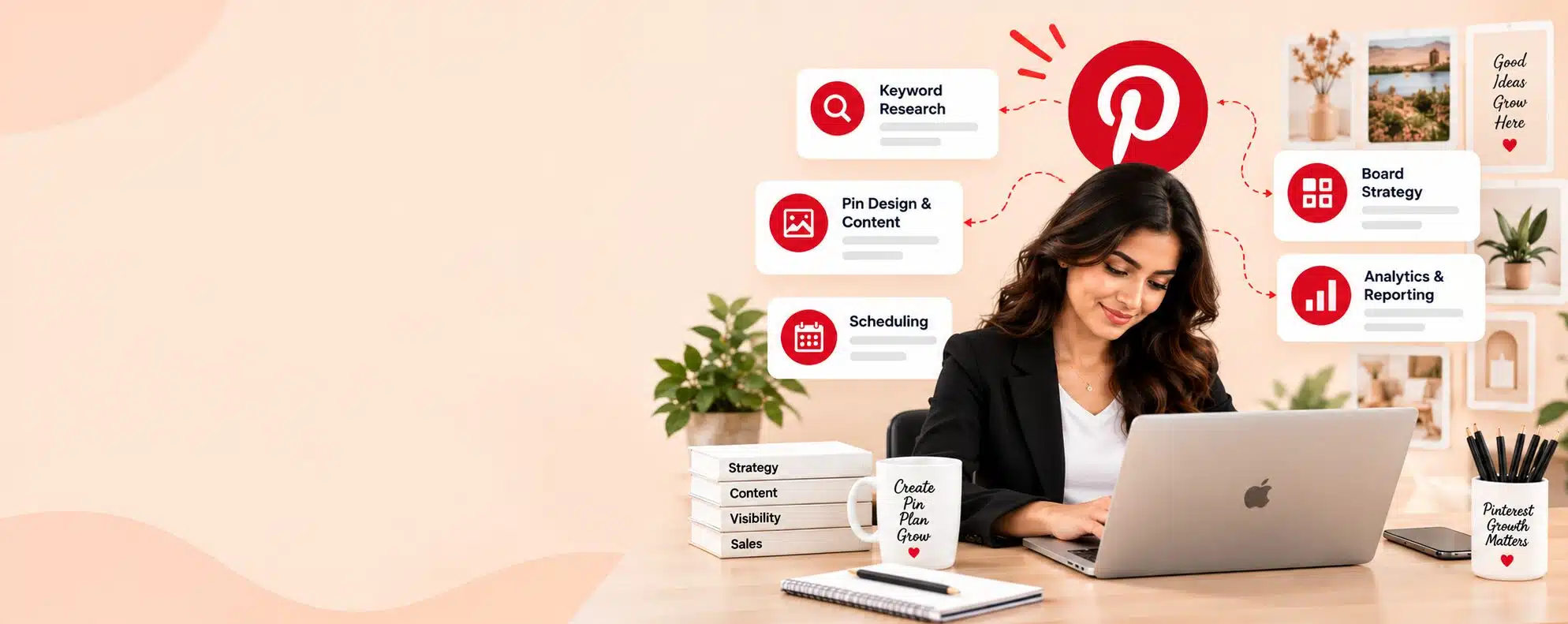 Pinterest virtual assistant at a laptop with pin design and board strategy cards