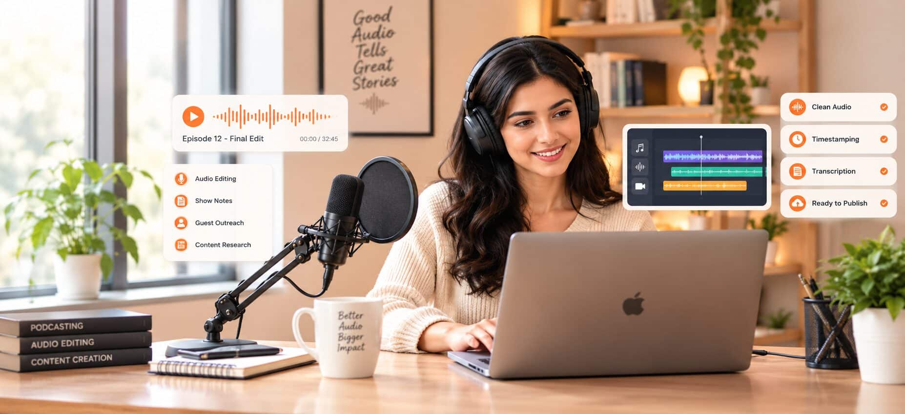 Podcast virtual assistant wearing headphones at a microphone and laptop, editing an episode