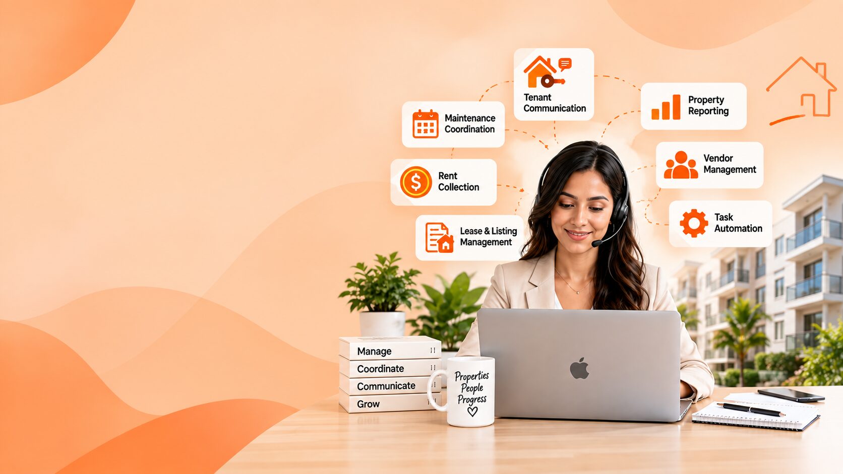 Property management virtual assistant at a laptop with tenant and maintenance cards