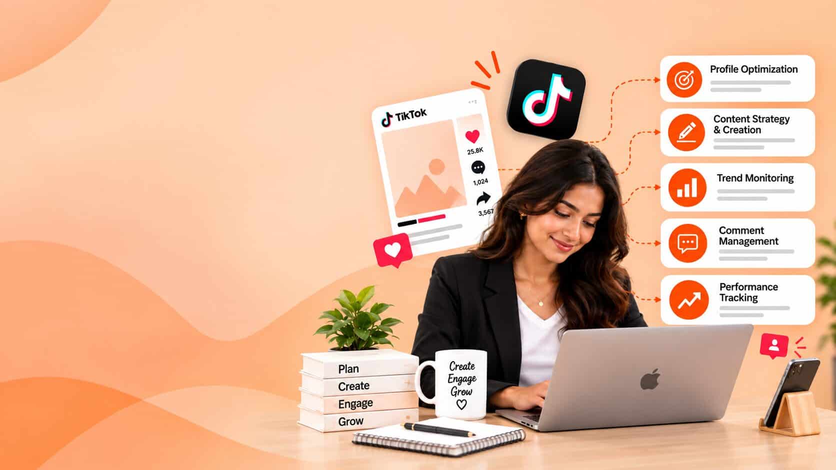 TikTok virtual assistant at a laptop with content strategy and trend monitoring cards