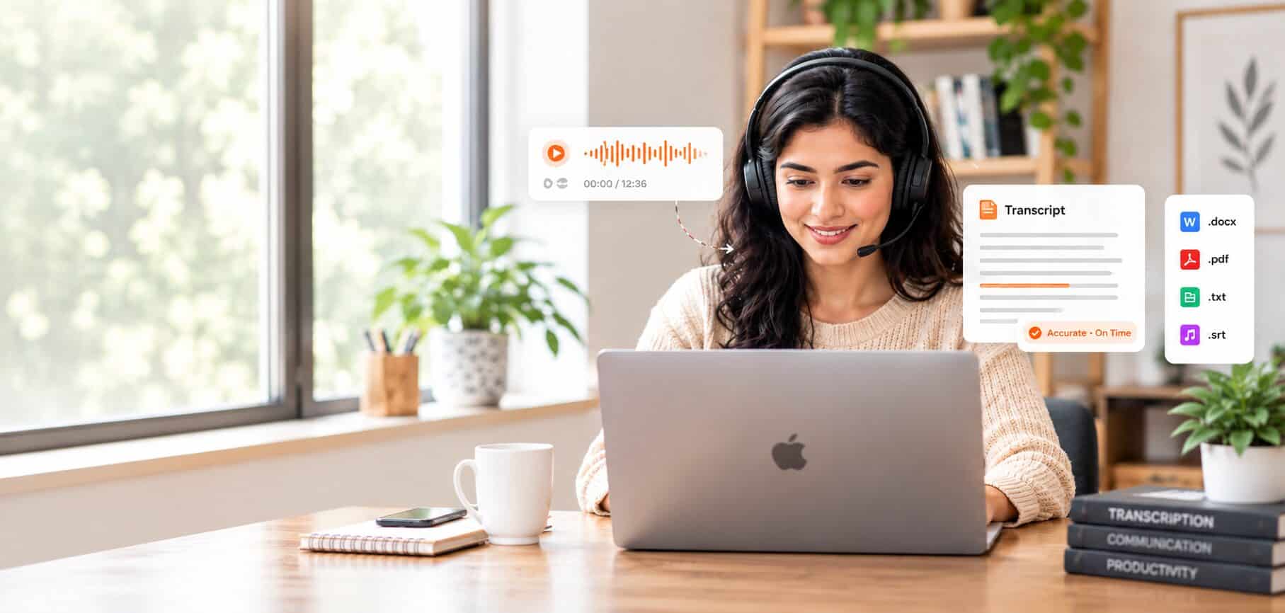 Transcription virtual assistant wearing a headset at a laptop with an audio transcript on screen