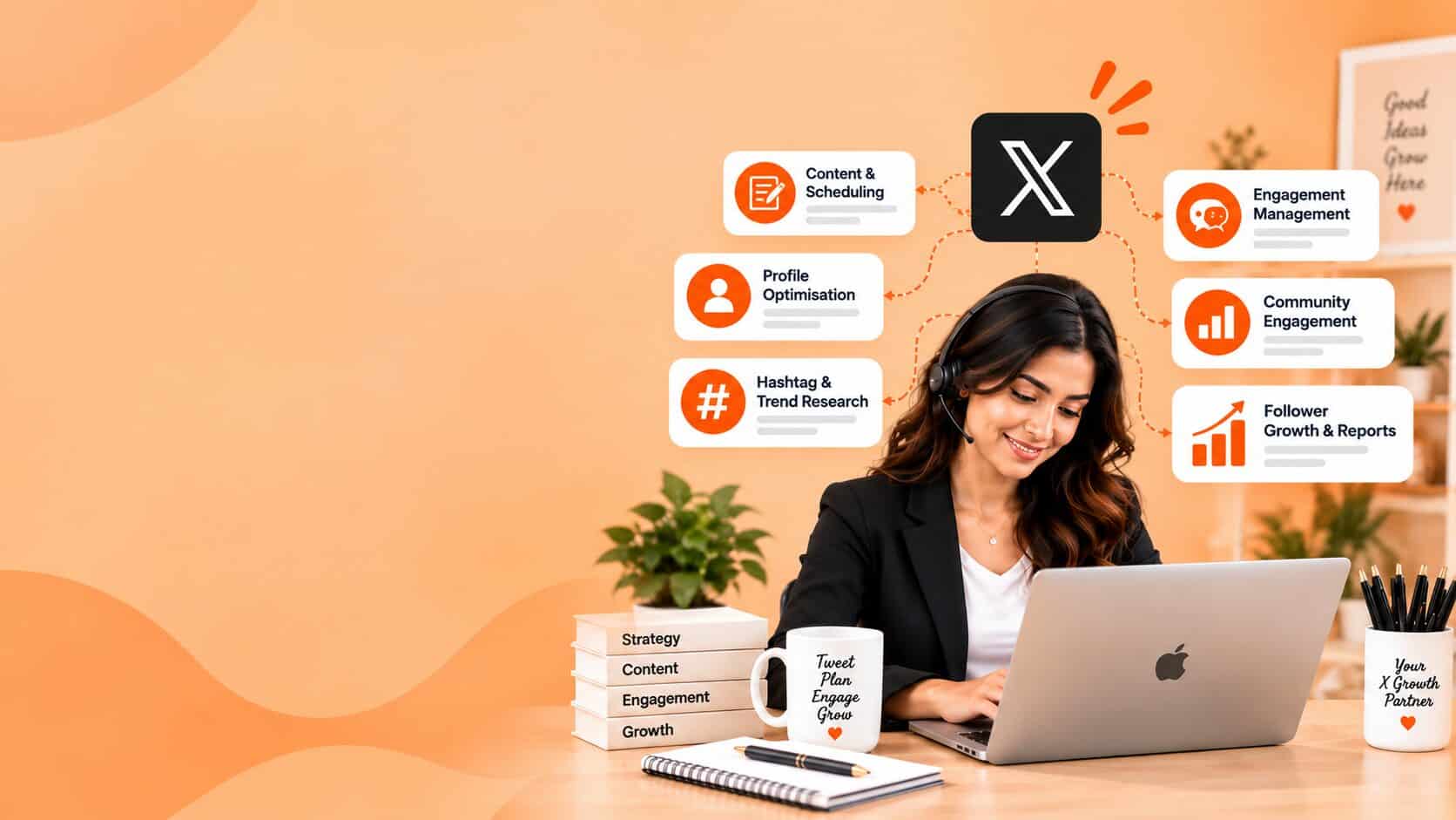 X virtual assistant wearing a headset at a laptop with content and engagement cards