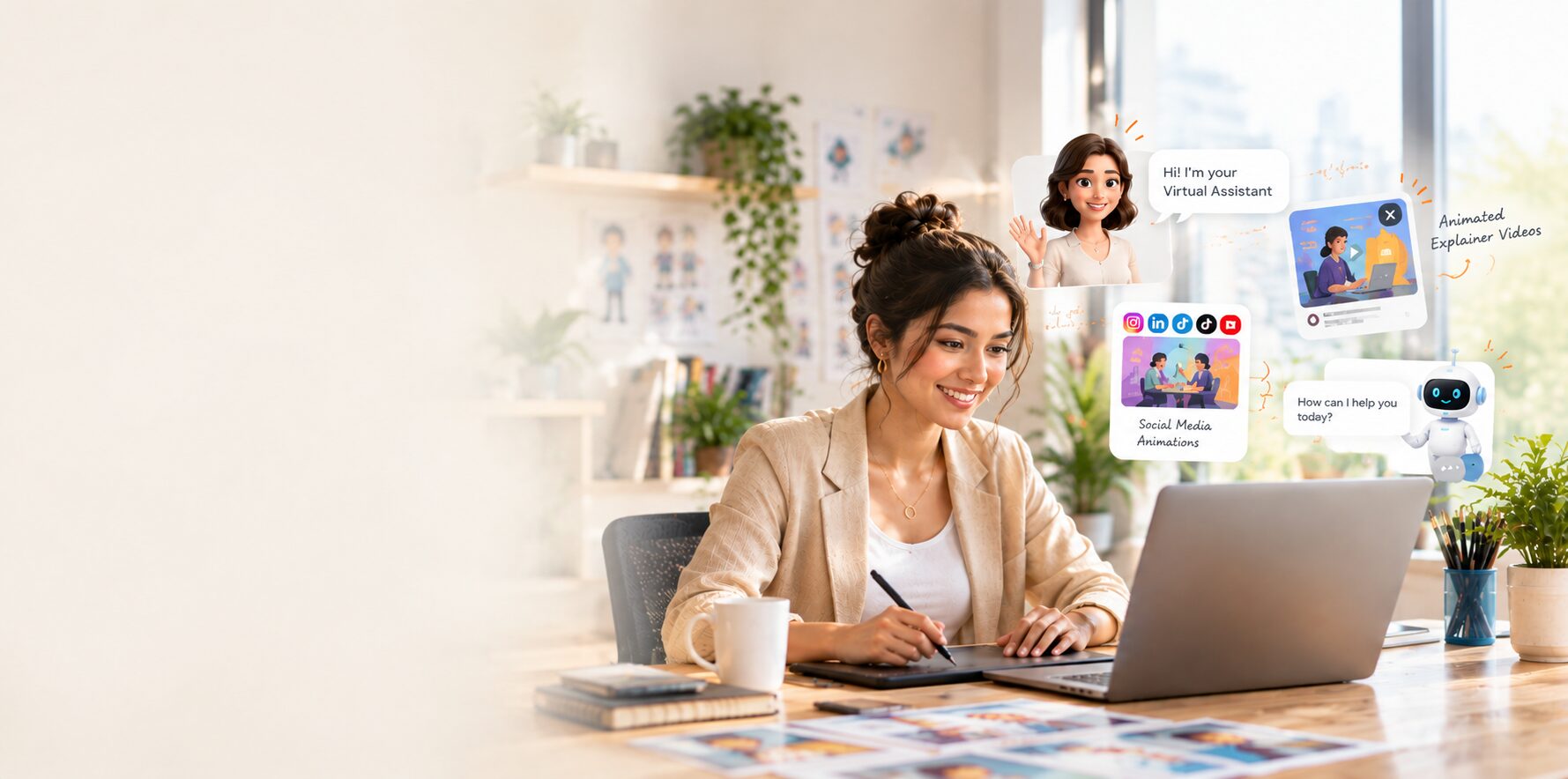 Animation virtual assistant at a laptop with animated avatar and explainer video panels