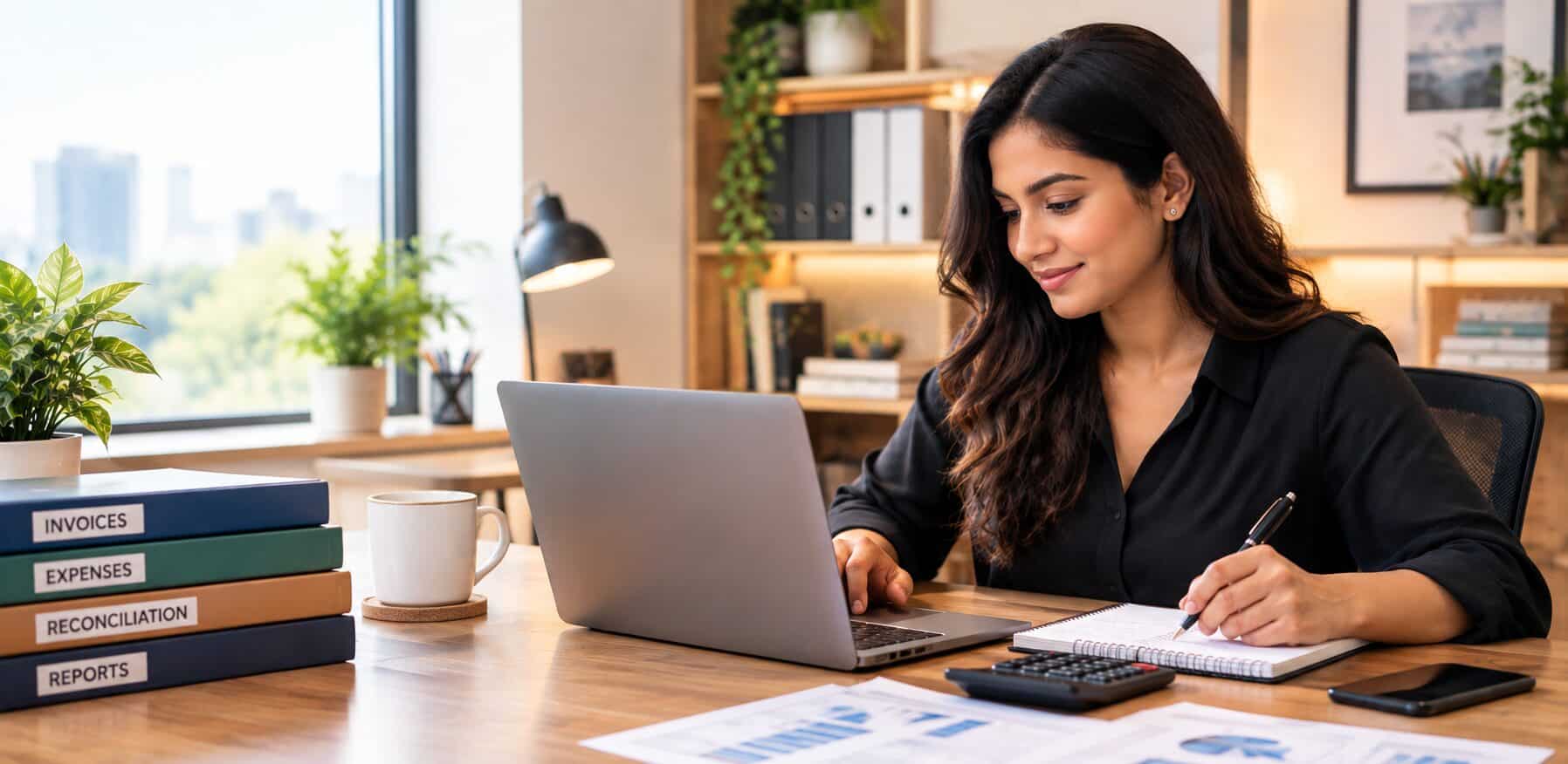 Bookkeeping virtual assistant at a laptop beside ledgers for invoices and reconciliation