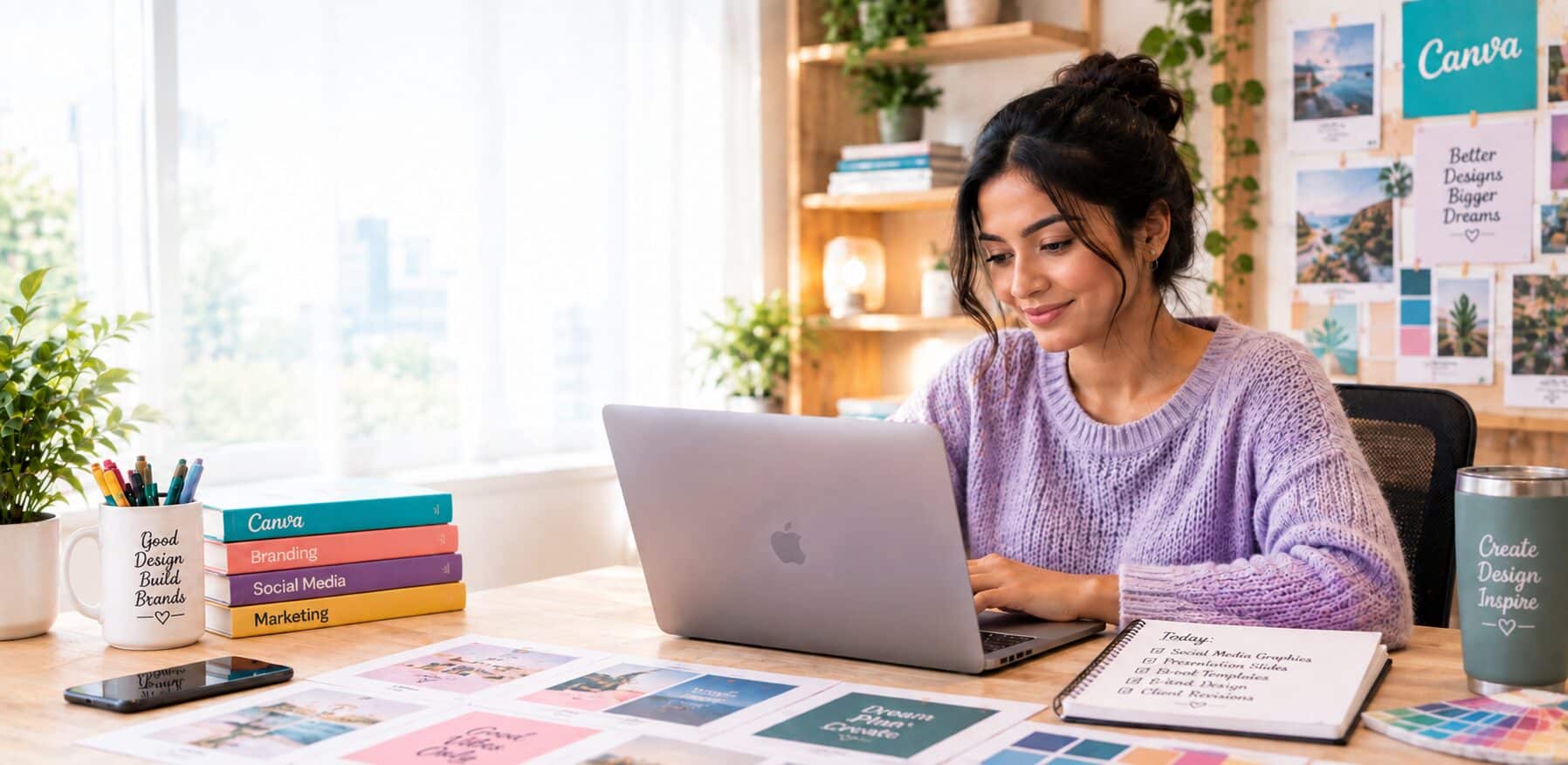 Graphic design virtual assistant working on branded layouts at a laptop