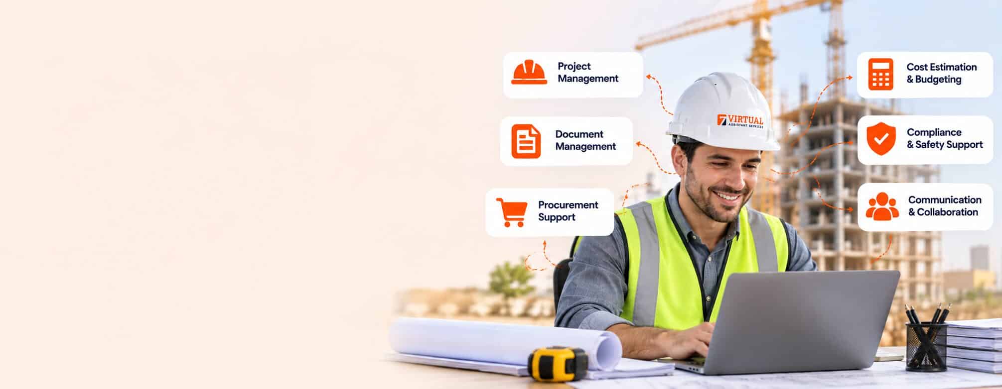 Construction virtual assistant in a hard hat and hi-vis vest at a laptop on a building site