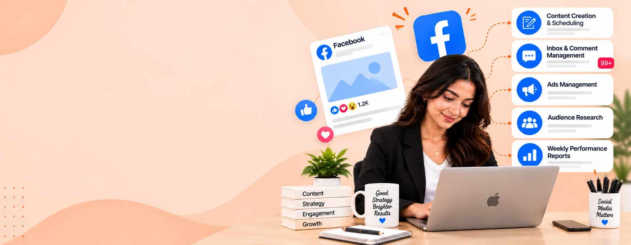 Facebook virtual assistant at a laptop with content scheduling and inbox management cards