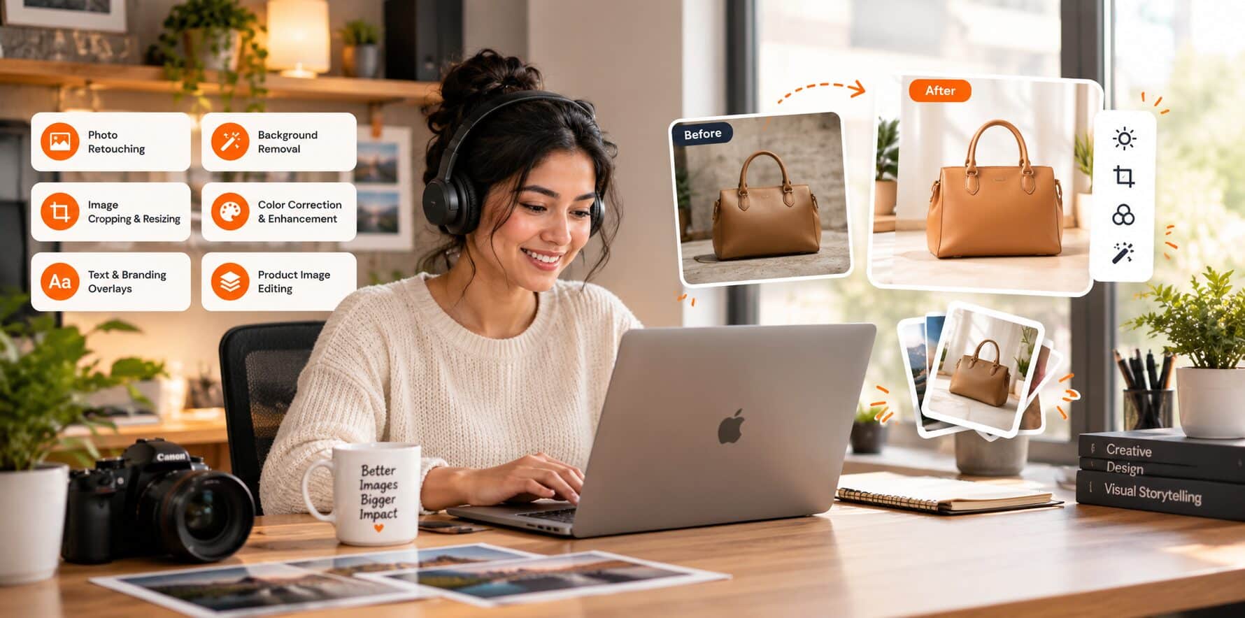 Image editing virtual assistant retouching product photographs at a laptop