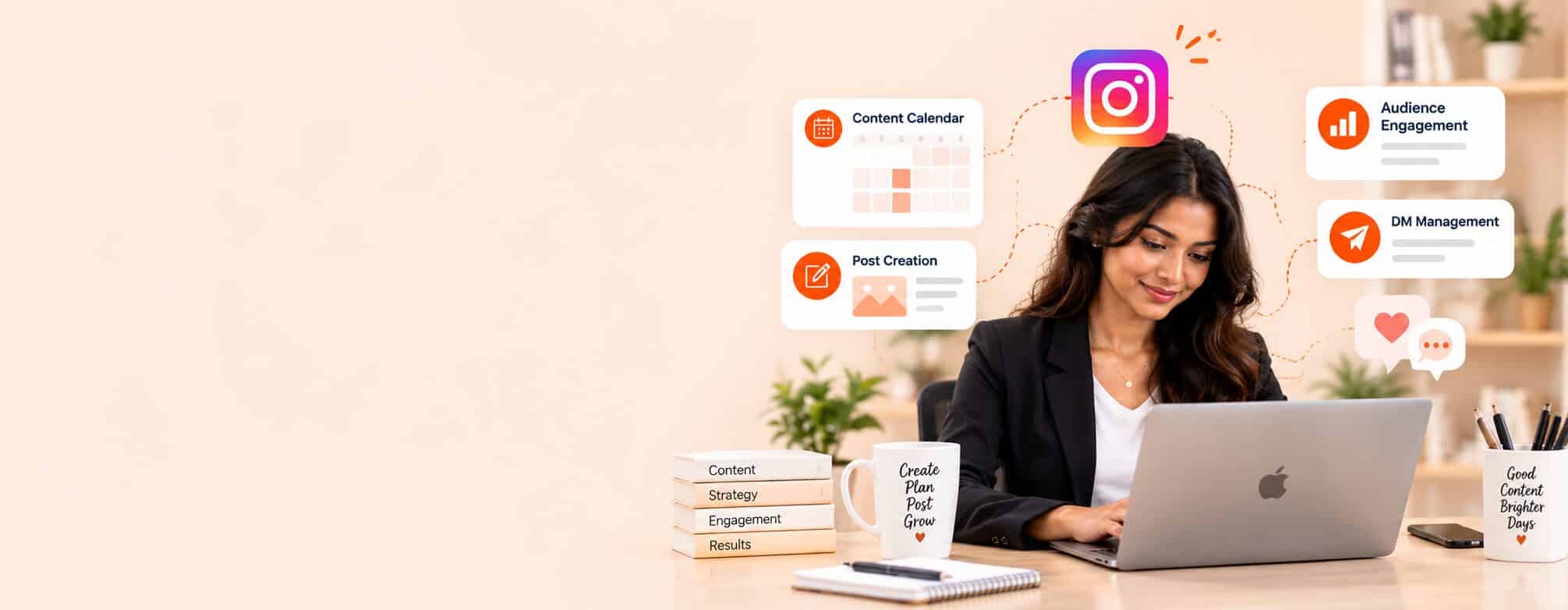 Instagram virtual assistant working at a laptop with content planning cards around her