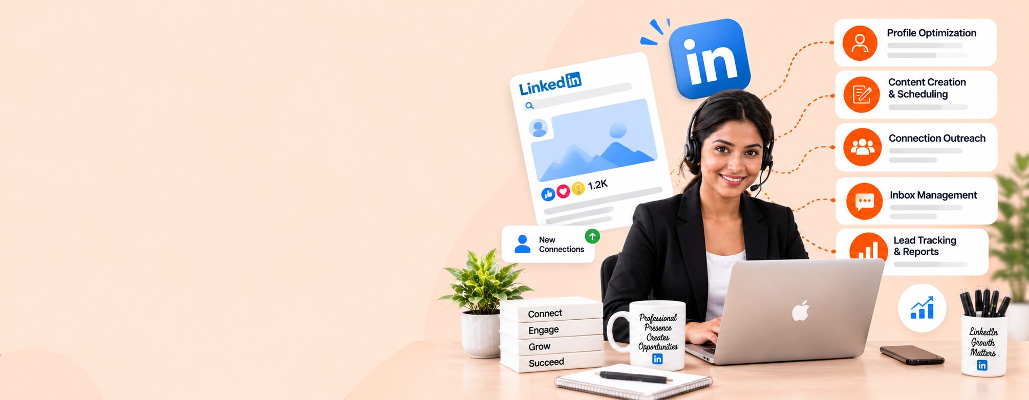 LinkedIn virtual assistant at a laptop with profile and outreach cards around her
