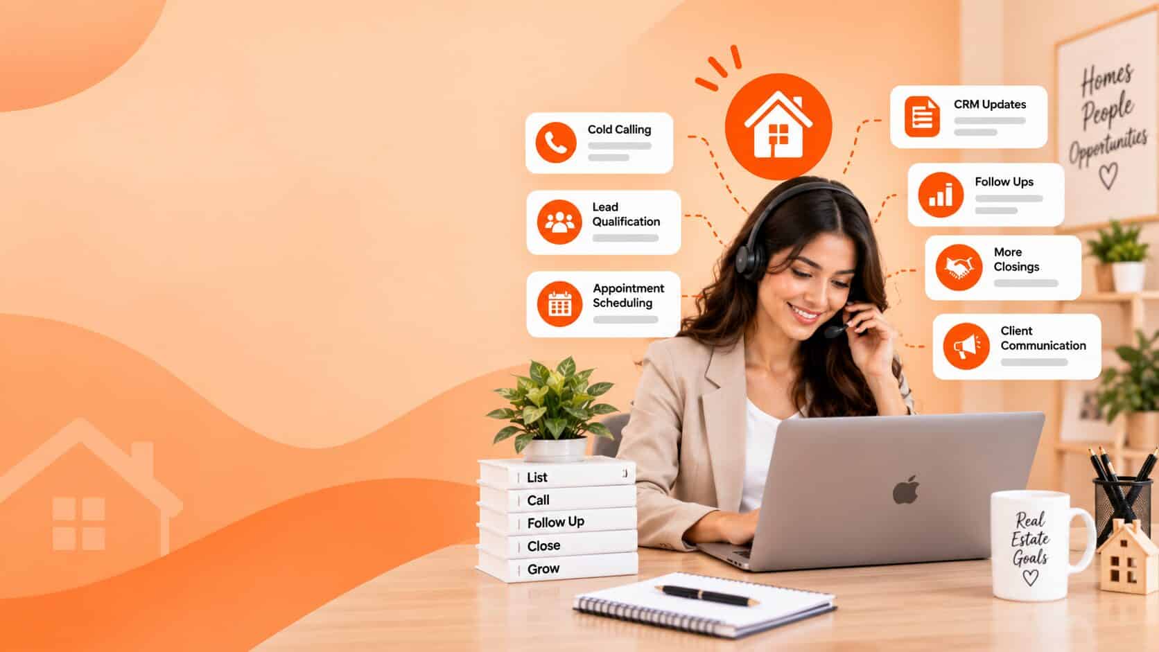 Real estate cold calling virtual assistant on a headset call at a laptop