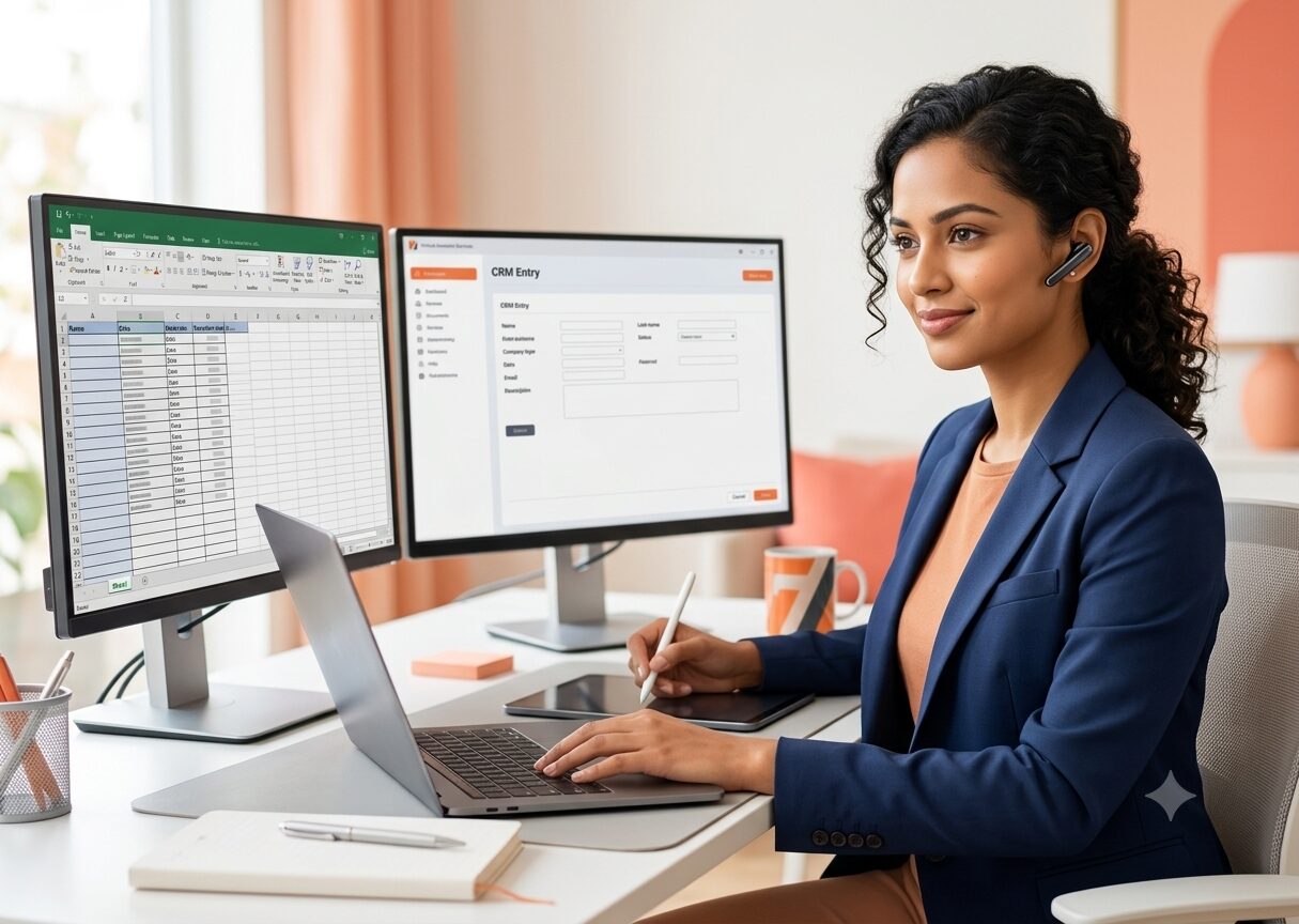 A data entry virtual assistant working at a desk with dual monitors, entering data into a spreadsheet and CRM system.