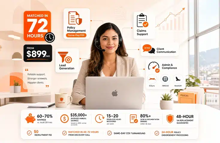 Insurance Virtual Assistant Services — policy management, claims support, and client communication, matched in 72 hours.