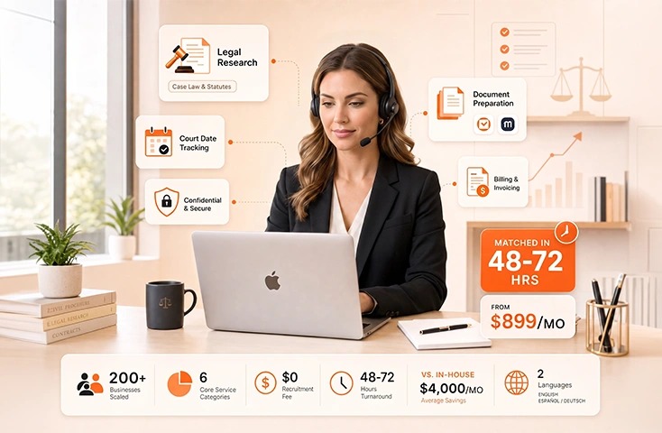 Legal virtual assistant Services handling legal research, document prep, billing and confidential case work — matched in 48-72 hours.