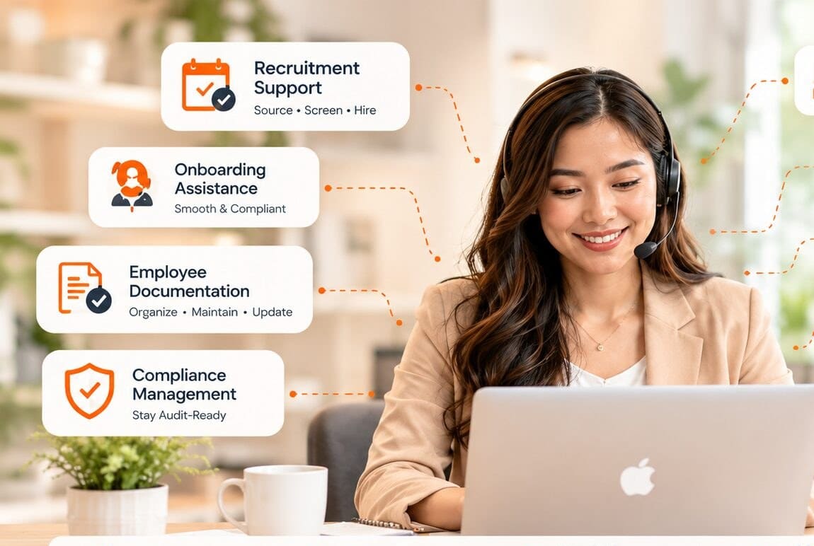 HR virtual assistant wearing a headset at a laptop, with recruitment and onboarding cards around her
