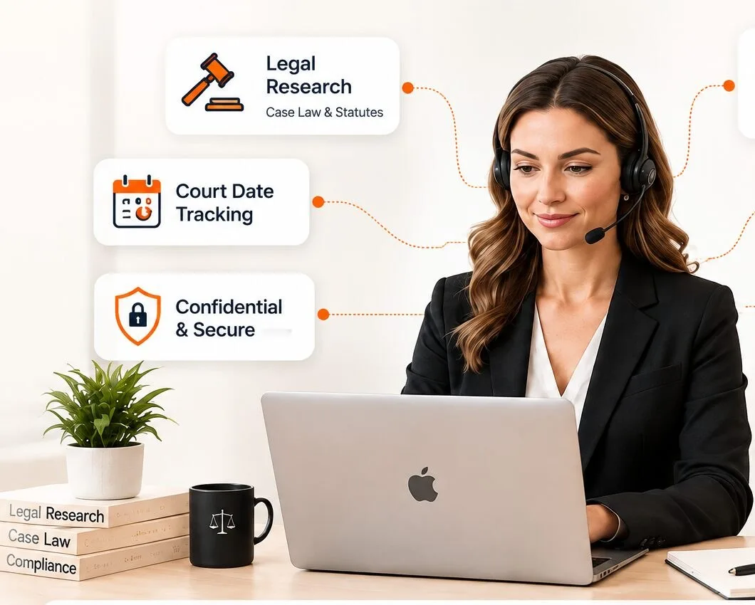 Legal virtual assistant with headset doing legal research and case tracking