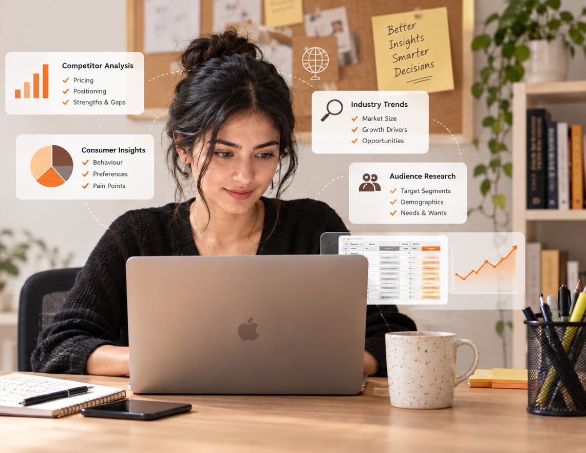 Market research virtual assistant at a laptop with competitor and consumer insight cards on screen