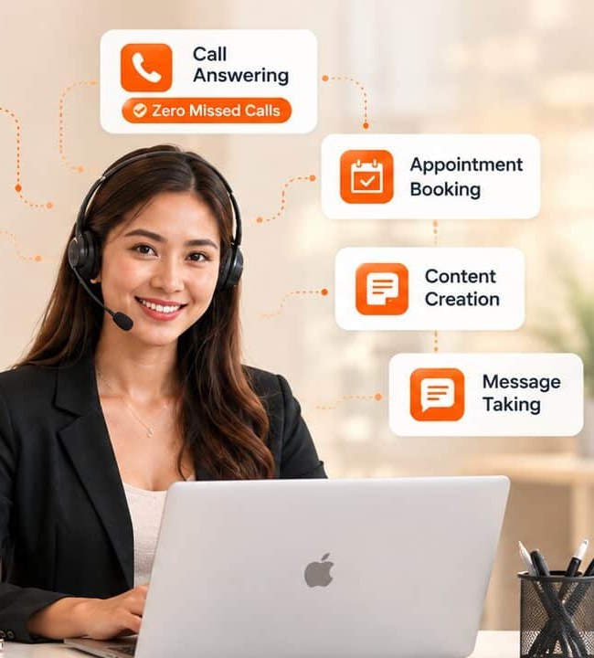 Phone answering virtual assistant wearing a headset at a laptop with call handling cards around her
