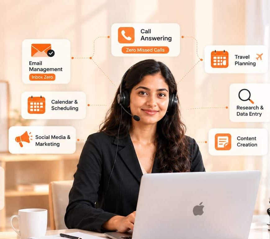 Virtual administrative assistant wearing a headset at a laptop with admin task cards around her